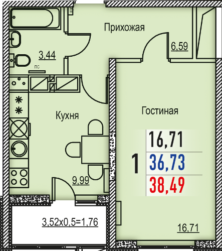 1 комнатная квартира,  38,5 м², ЖК Фамильный, ул. Владимирская, 55в