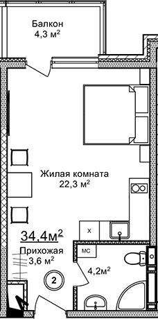 ПРОДАНО   Студия квартира,  34,4 м², ЖК Апарт-отель Кавказ, Пионерский проспект 274б