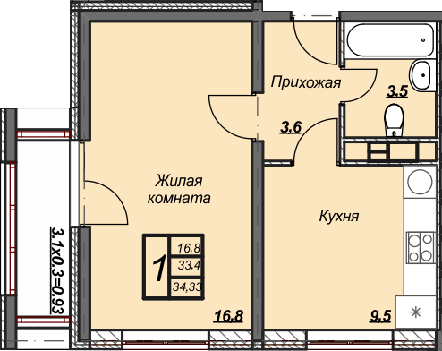 НЕТ СВЯЗИ  1 комнатная квартира,  34,3 м², ЖК Триумф, ул. Владимирская 142